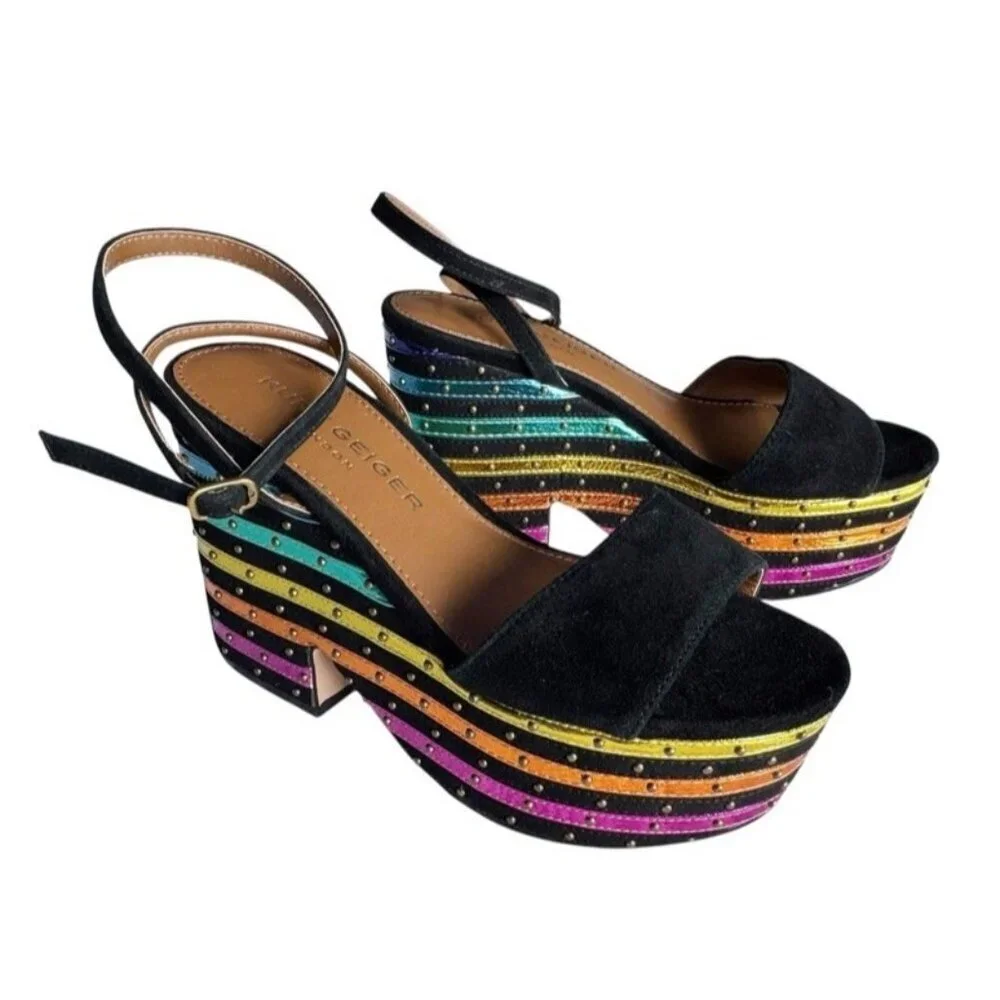 Kurt Geiger Women's Sz 35  Shoreditch Platform Wedge Sandals Rainbow Stripe Lthr